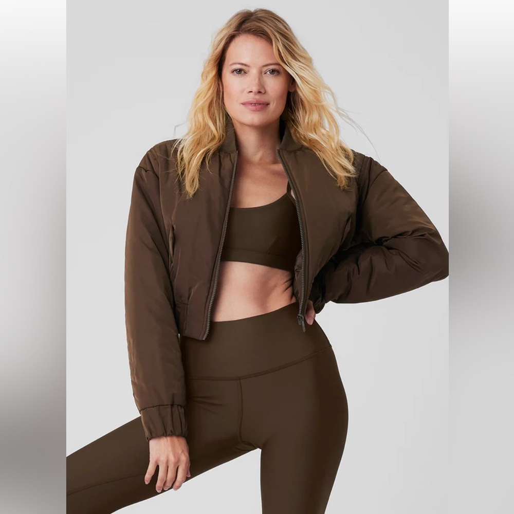 ALO Yoga Breakline Dark Brown Cropped Bomber Jacket in S